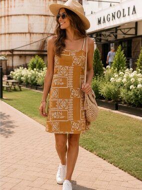 Anthropologie Embroidered Mustard Cotton Mini Dress Size 4 Boho Sleeveless Lined